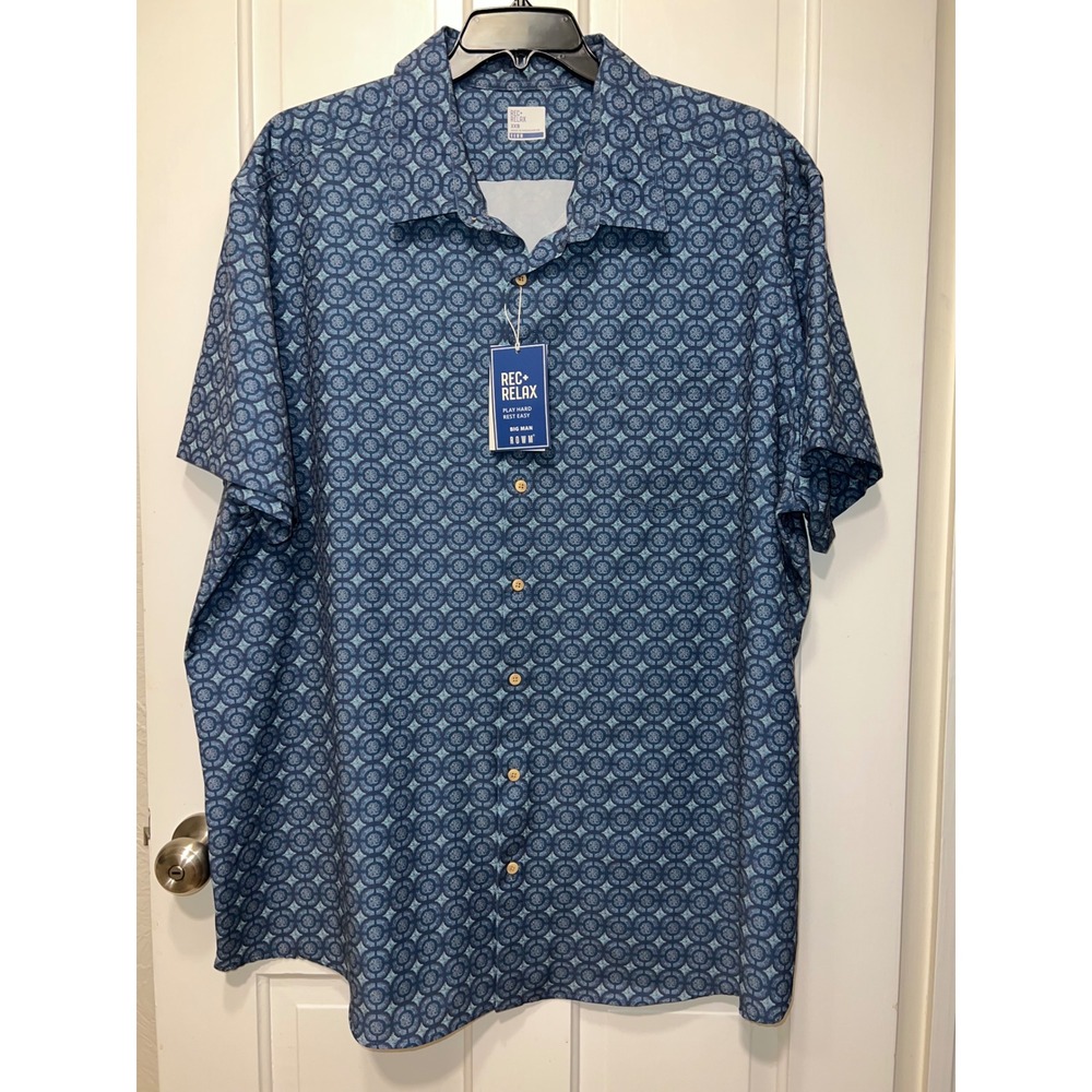 NEW ROWM Rec+Relax Mens 3XB Big Man Blue Geometric Stretch Button Up Shirt